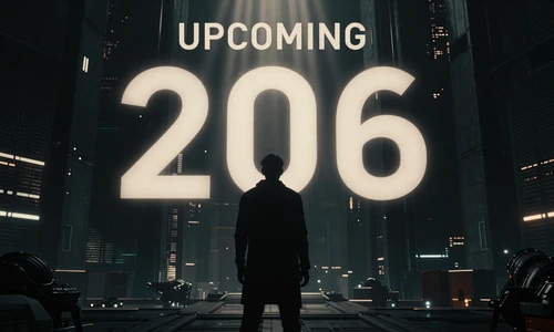 Coming Soon preview - dramatic teaser silhouette of a futuristic city with light rays and anticipation