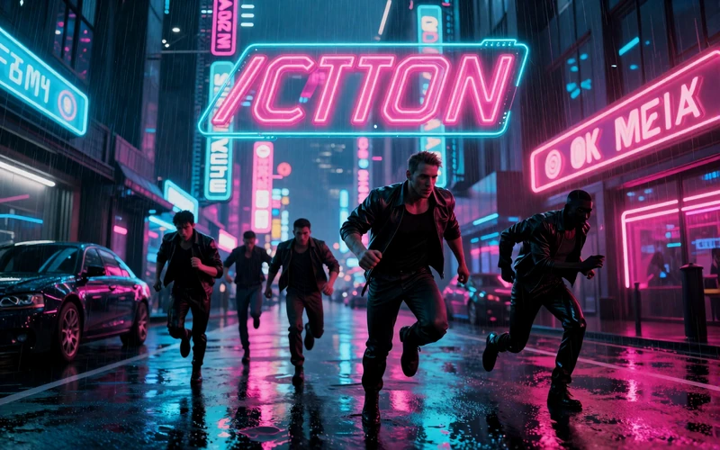 Neon Action Set collection - cinematic cover of dark rain-soaked cyberpunk city streets with neon signs and action heroes