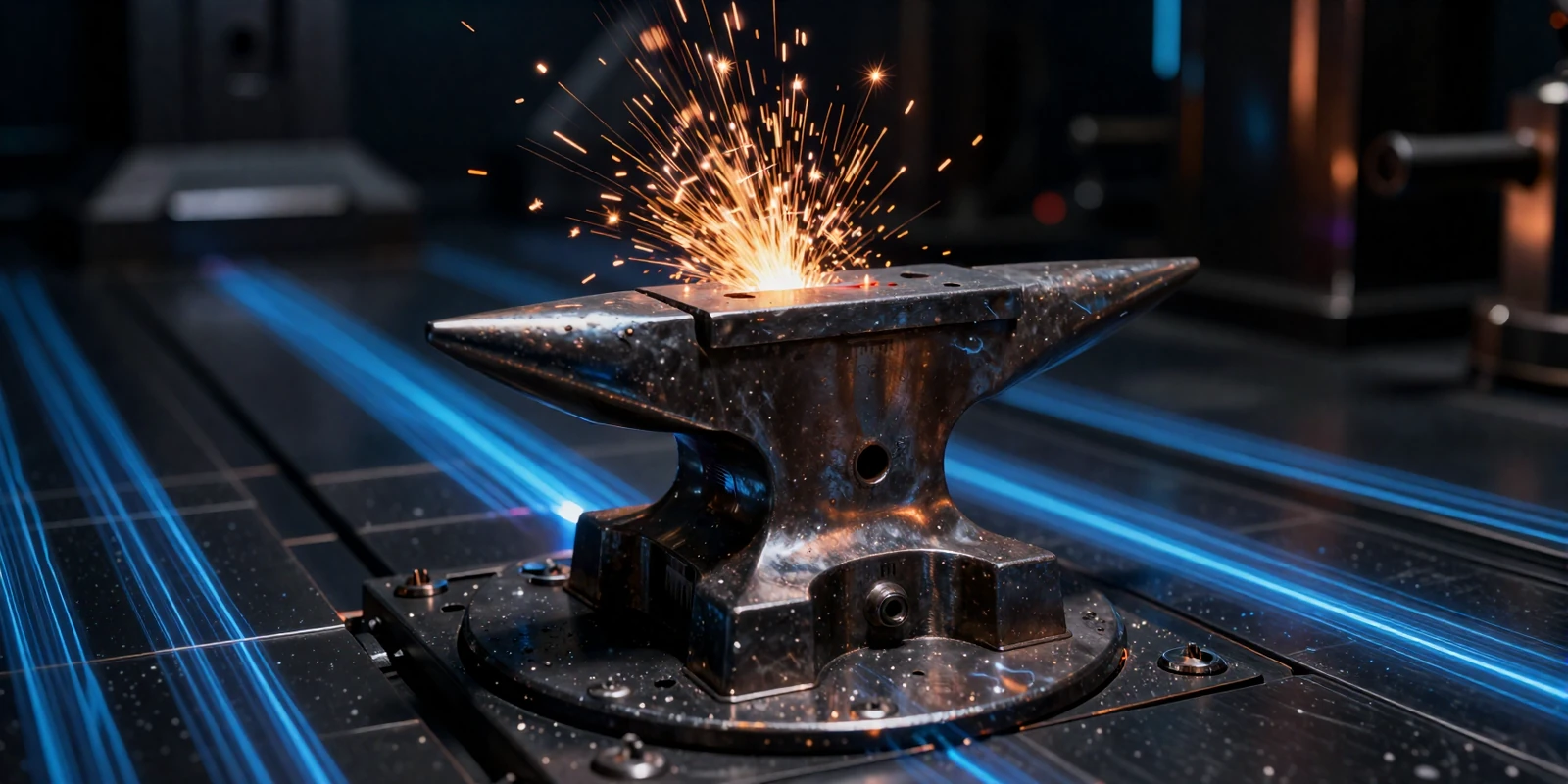 PulseForge Games platform visual - abstract digital forge with glowing energy streams and metallic sparks