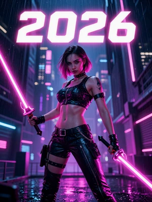 Neon Rift: Uprising - cyberpunk action game cover with female protagonist wielding dual blades in a neon rain-soaked city