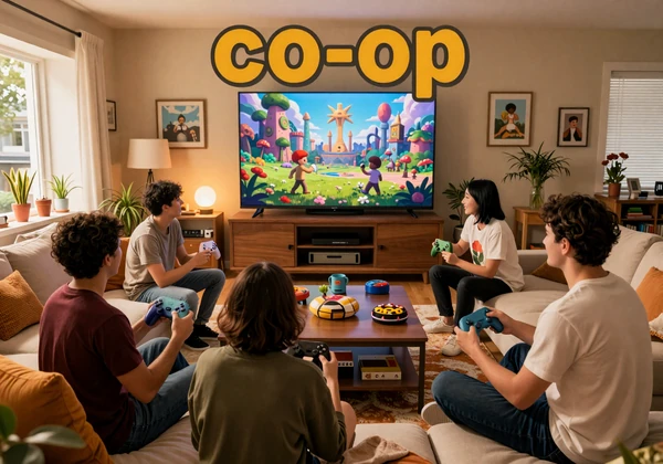 Co-op Weekend Build collection - friends playing games together in a cozy living room with a colorful fantasy adventure