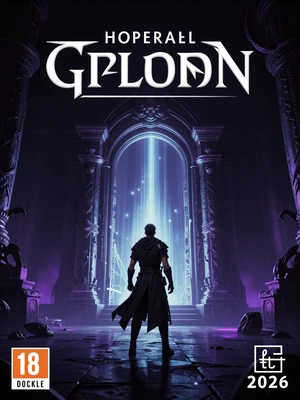 Hollow Throne - dark fantasy RPG game cover featuring a lone warrior at an ancient glowing gate